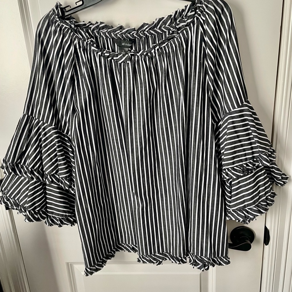 Ali Miles Black & White Vertical Stripe Off-Shoulder Ruffle Blouse